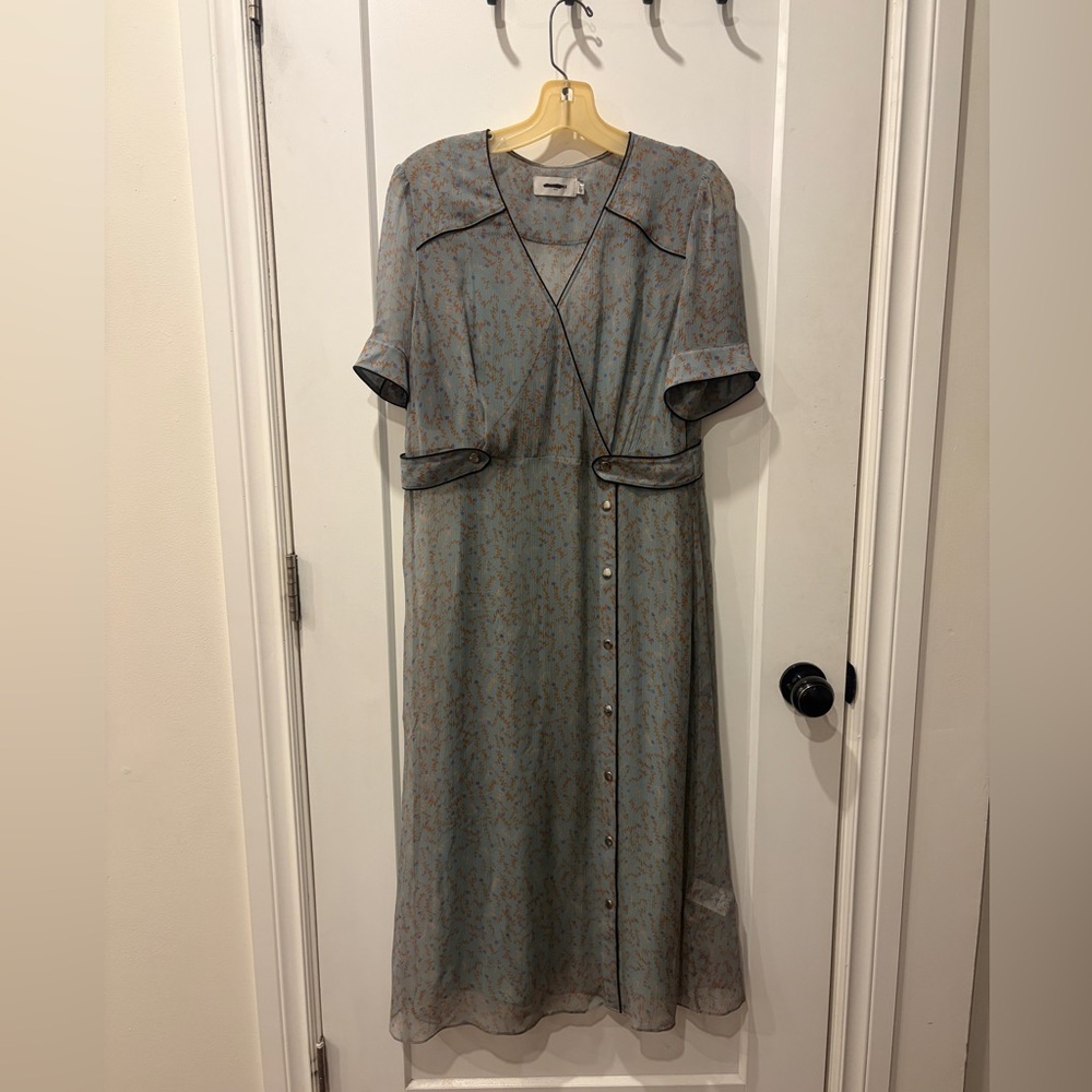 Coach Blue/green abstract design Midi Dress with Contrast Piping and buttons